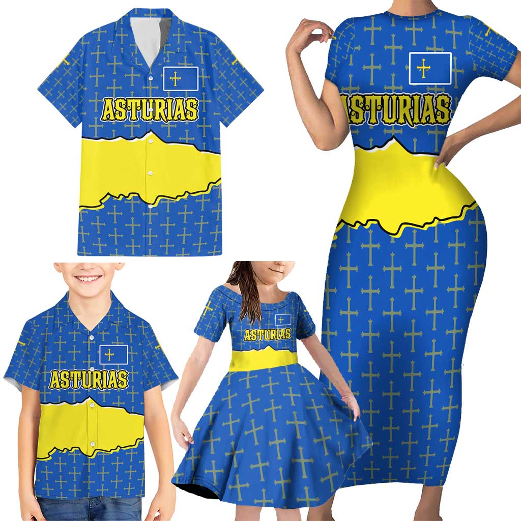 Asturias Flag Family Matching Short Sleeve Bodycon Dress and Hawaiian Shirt Autonomous Community of Spain - Wonder Print Shop