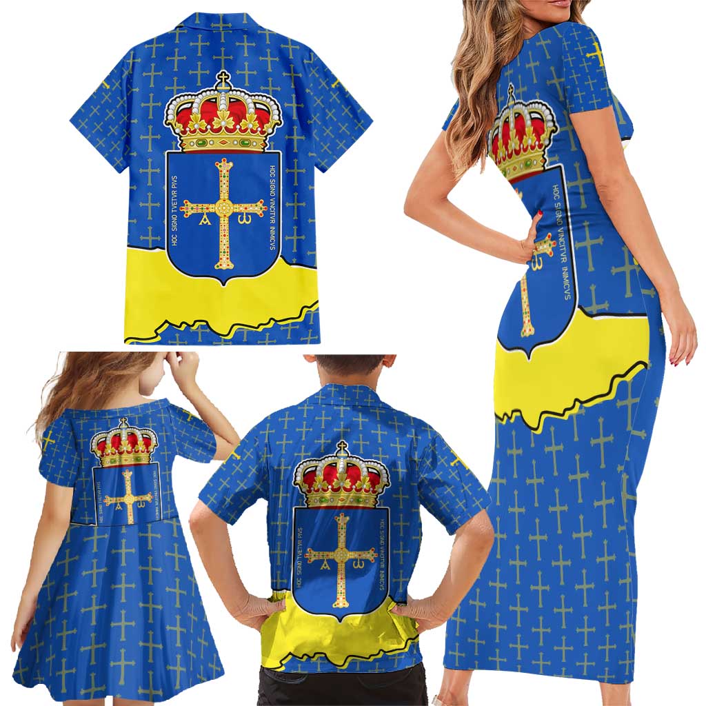 Asturias Flag Family Matching Short Sleeve Bodycon Dress and Hawaiian Shirt Autonomous Community of Spain - Wonder Print Shop