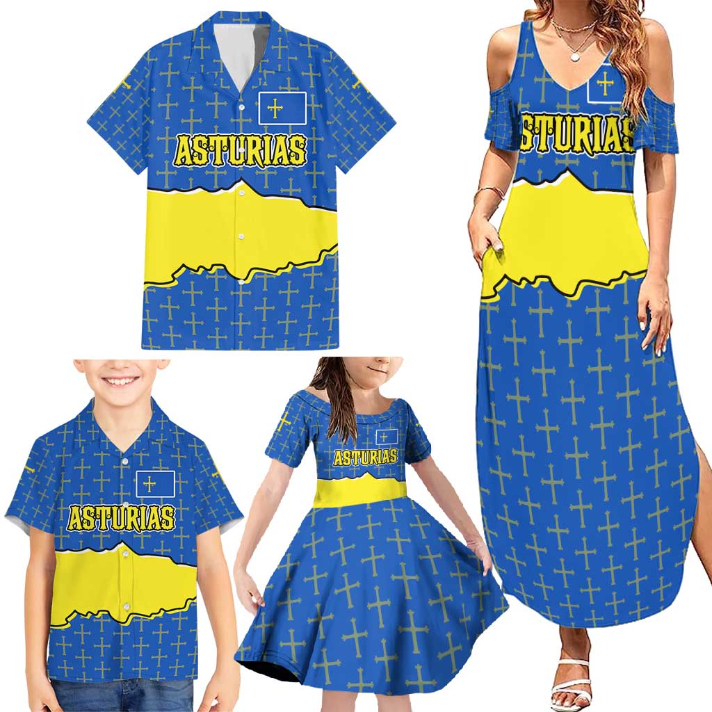 Asturias Flag Family Matching Summer Maxi Dress and Hawaiian Shirt Autonomous Community of Spain - Wonder Print Shop