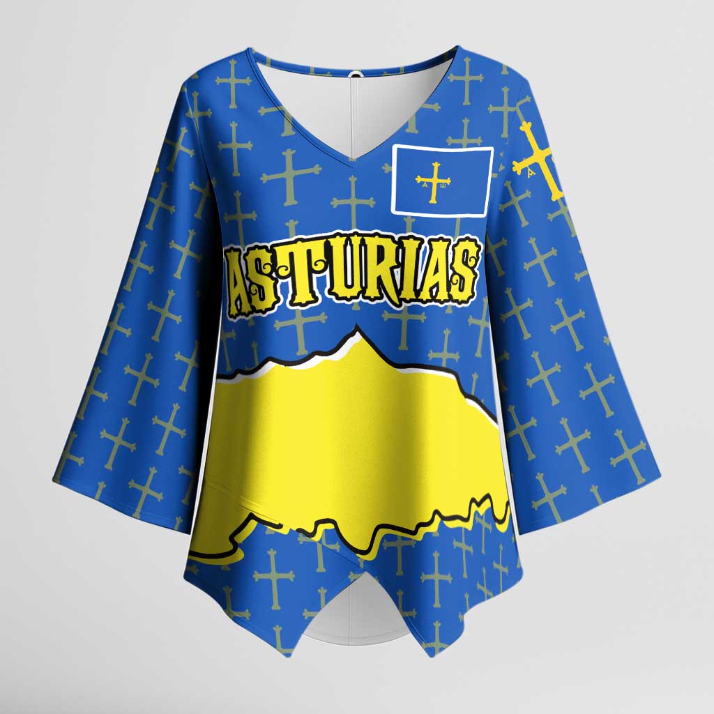 Asturias Flag Kimono Sleeve Blouse Autonomous Community of Spain - Wonder Print Shop