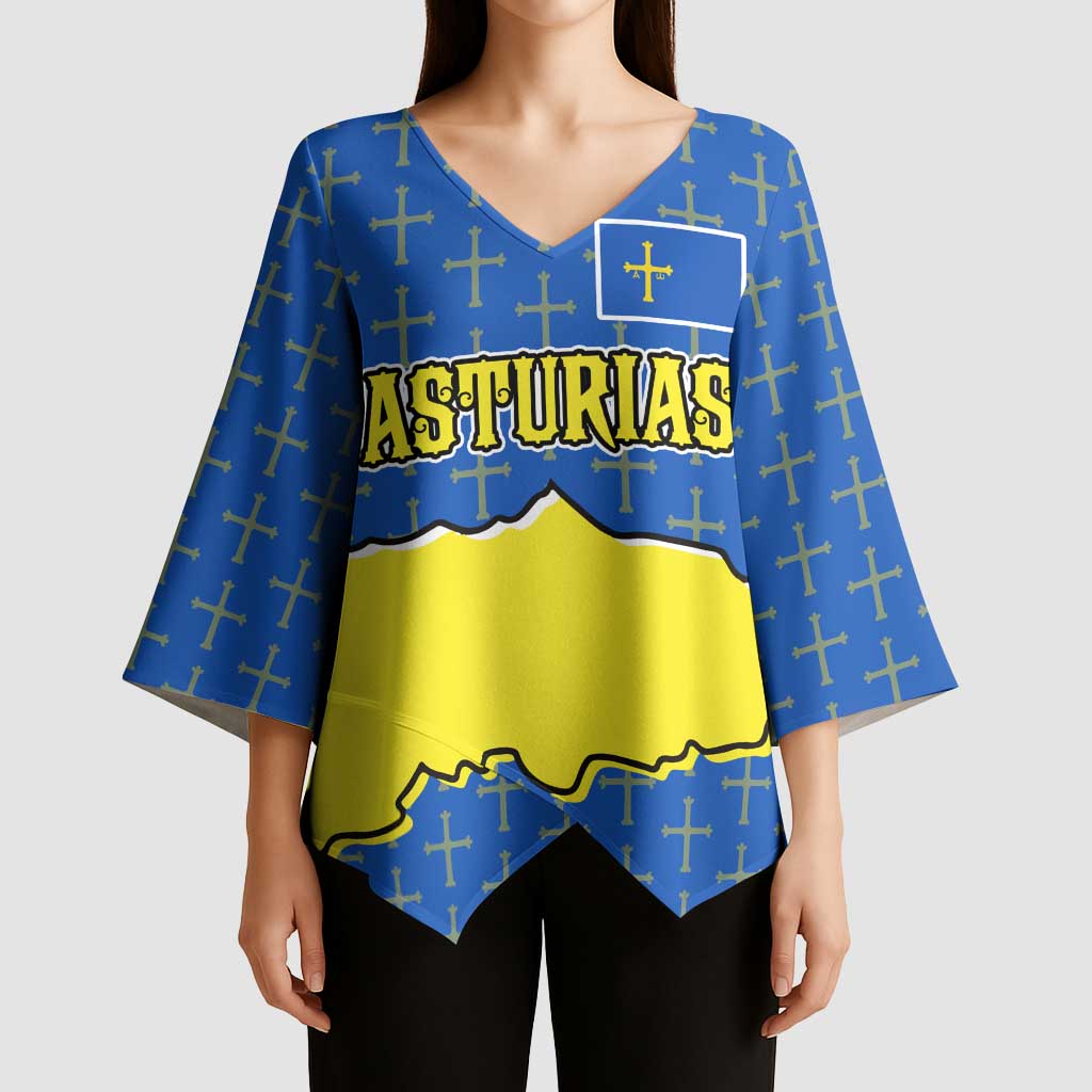 Asturias Flag Kimono Sleeve Blouse Autonomous Community of Spain - Wonder Print Shop