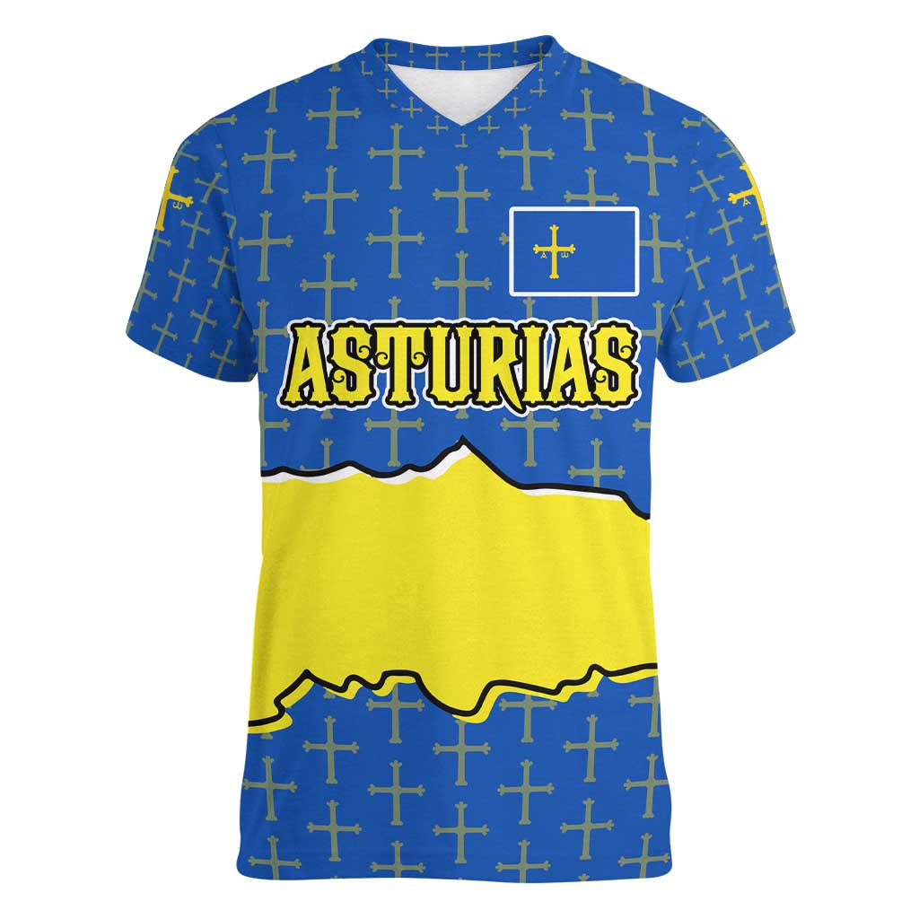 Asturias Flag Women V-Neck T-Shirt Autonomous Community of Spain - Wonder Print Shop