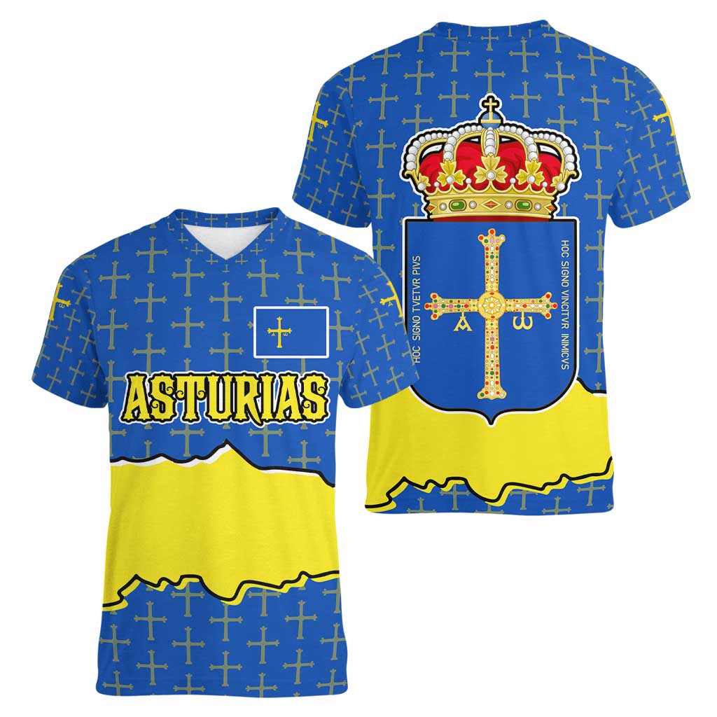 Asturias Flag Women V-Neck T-Shirt Autonomous Community of Spain - Wonder Print Shop