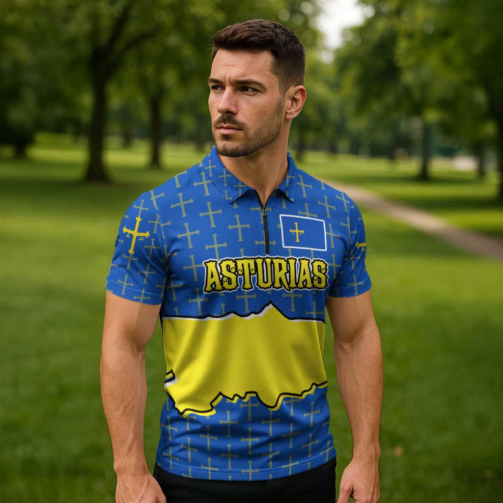 Asturias Flag Zipper Polo Shirt Autonomous Community of Spain - Wonder Print Shop