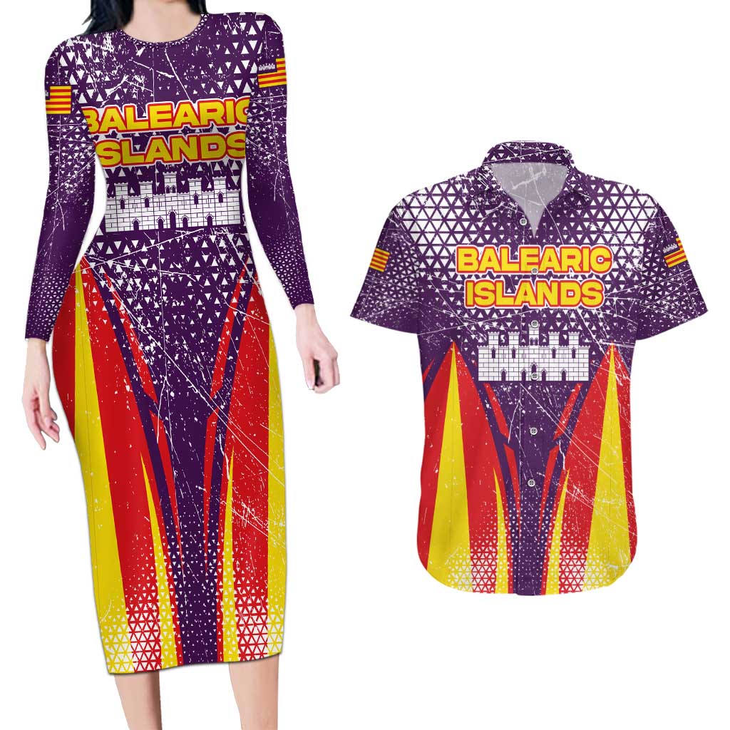 Balearic Islands Flag Couples Matching Long Sleeve Bodycon Dress and Hawaiian Shirt Autonomous Community of Spain - Wonder Print Shop