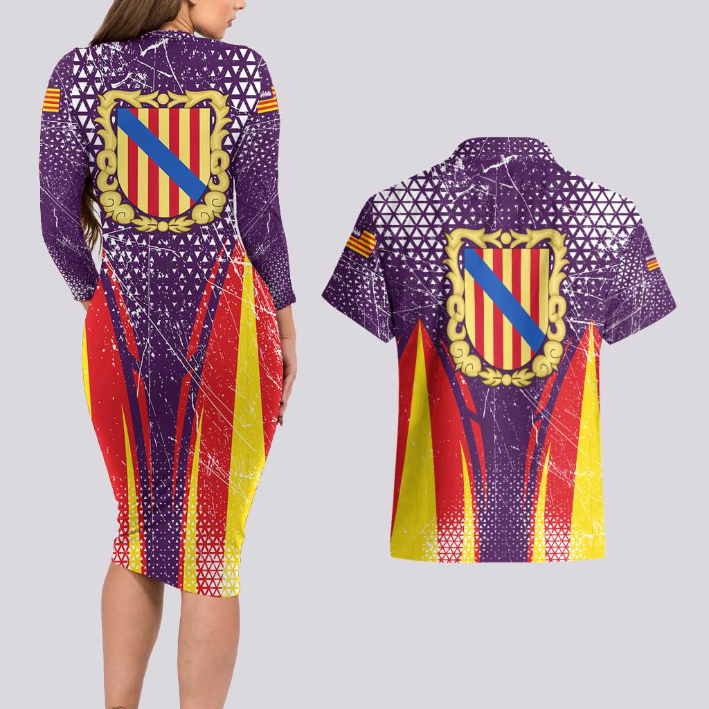 Balearic Islands Flag Couples Matching Long Sleeve Bodycon Dress and Hawaiian Shirt Autonomous Community of Spain - Wonder Print Shop