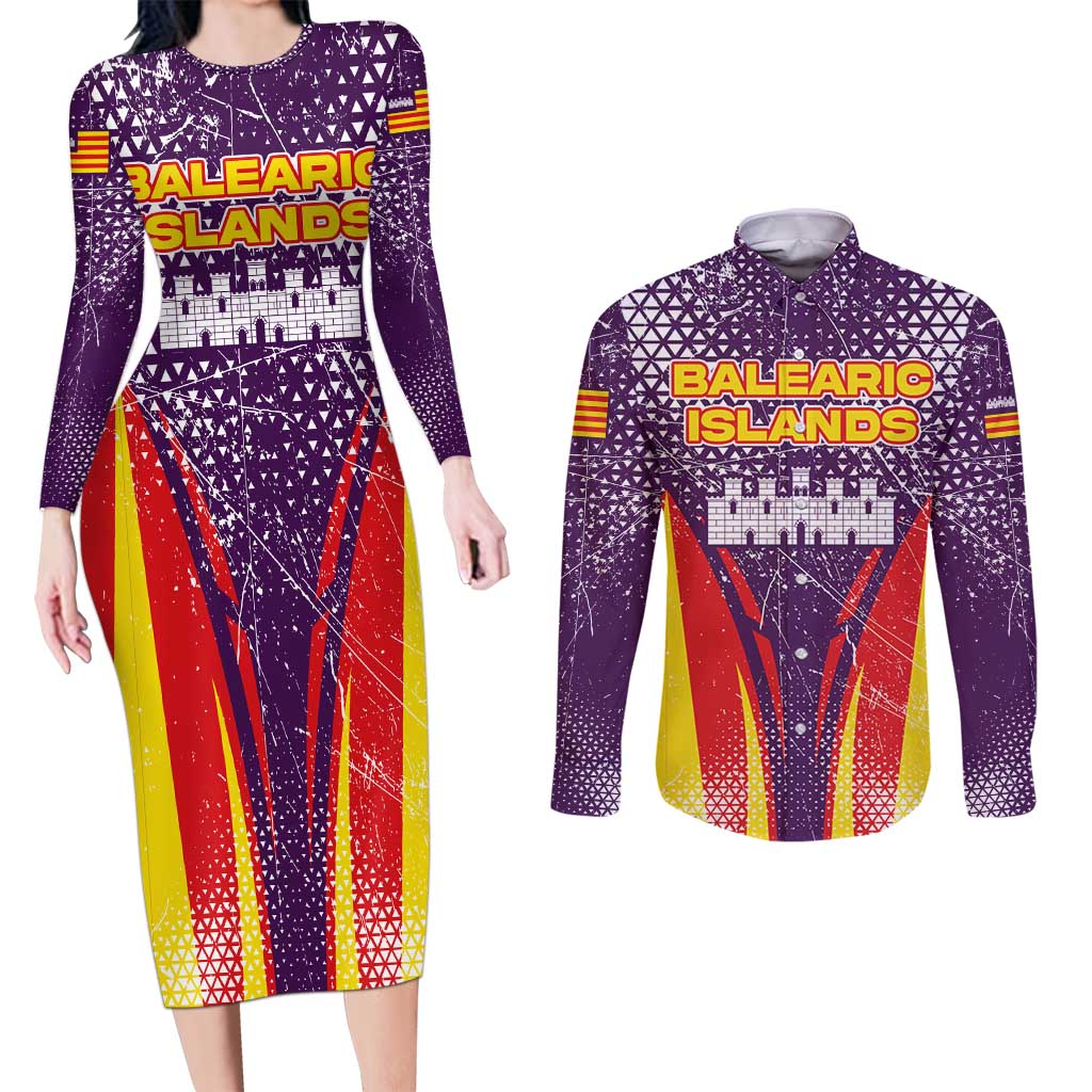 Balearic Islands Flag Couples Matching Long Sleeve Bodycon Dress and Long Sleeve Button Shirt Autonomous Community of Spain - Wonder Print Shop