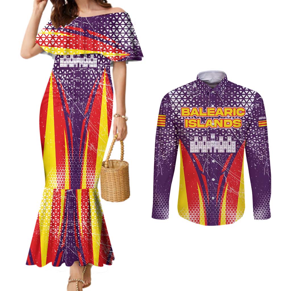 Balearic Islands Flag Couples Matching Mermaid Dress and Long Sleeve Button Shirt Autonomous Community of Spain - Wonder Print Shop