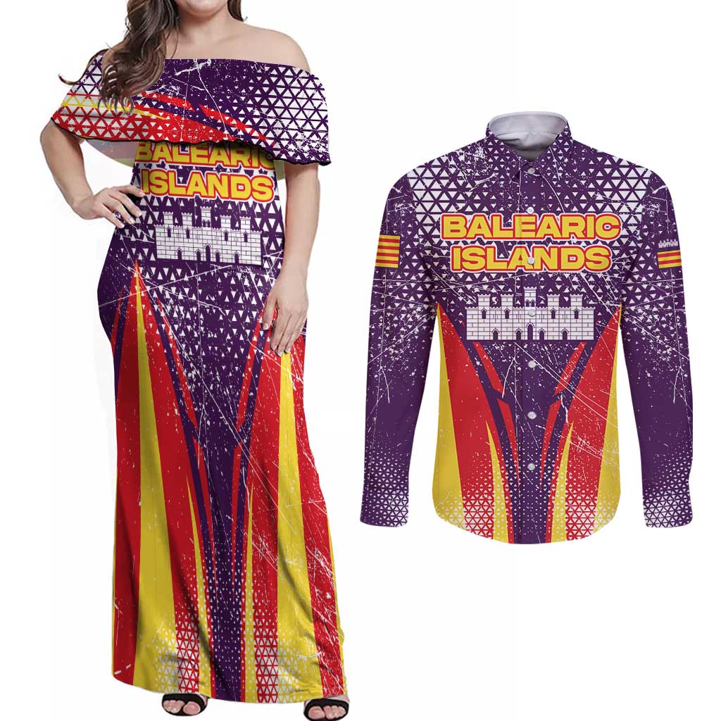 Balearic Islands Flag Couples Matching Off Shoulder Maxi Dress and Long Sleeve Button Shirt Autonomous Community of Spain - Wonder Print Shop