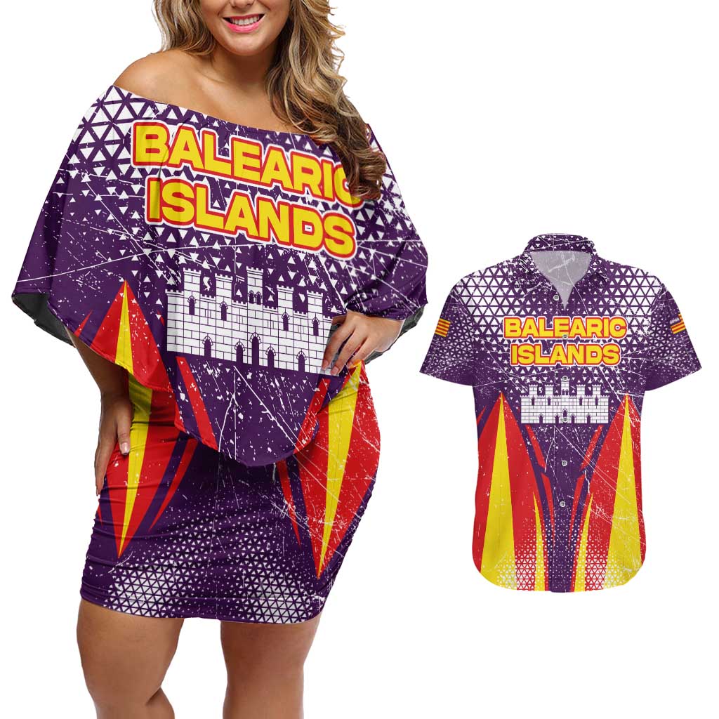 Balearic Islands Flag Couples Matching Off Shoulder Short Dress and Hawaiian Shirt Autonomous Community of Spain - Wonder Print Shop