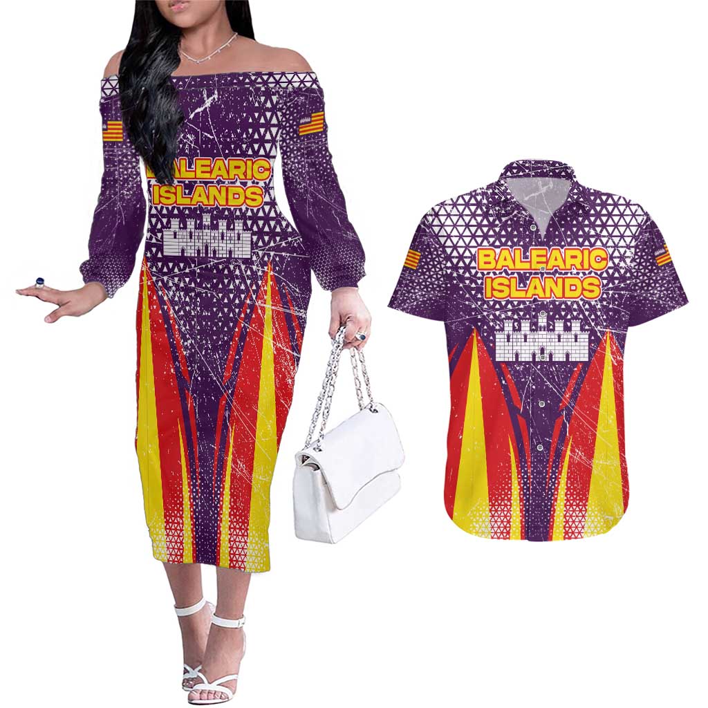 Balearic Islands Flag Couples Matching Off The Shoulder Long Sleeve Dress and Hawaiian Shirt Autonomous Community of Spain - Wonder Print Shop