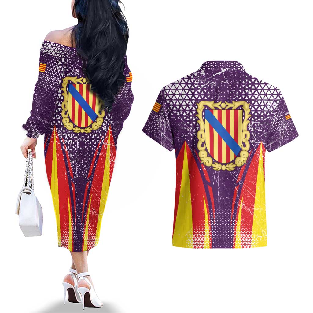 Balearic Islands Flag Couples Matching Off The Shoulder Long Sleeve Dress and Hawaiian Shirt Autonomous Community of Spain - Wonder Print Shop