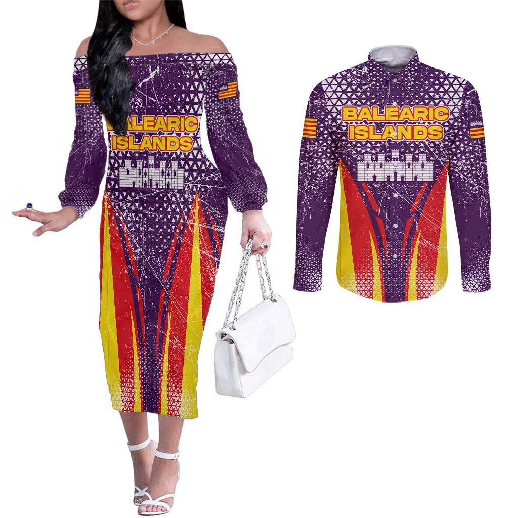 Balearic Islands Flag Couples Matching Off The Shoulder Long Sleeve Dress and Long Sleeve Button Shirt Autonomous Community of Spain - Wonder Print Shop