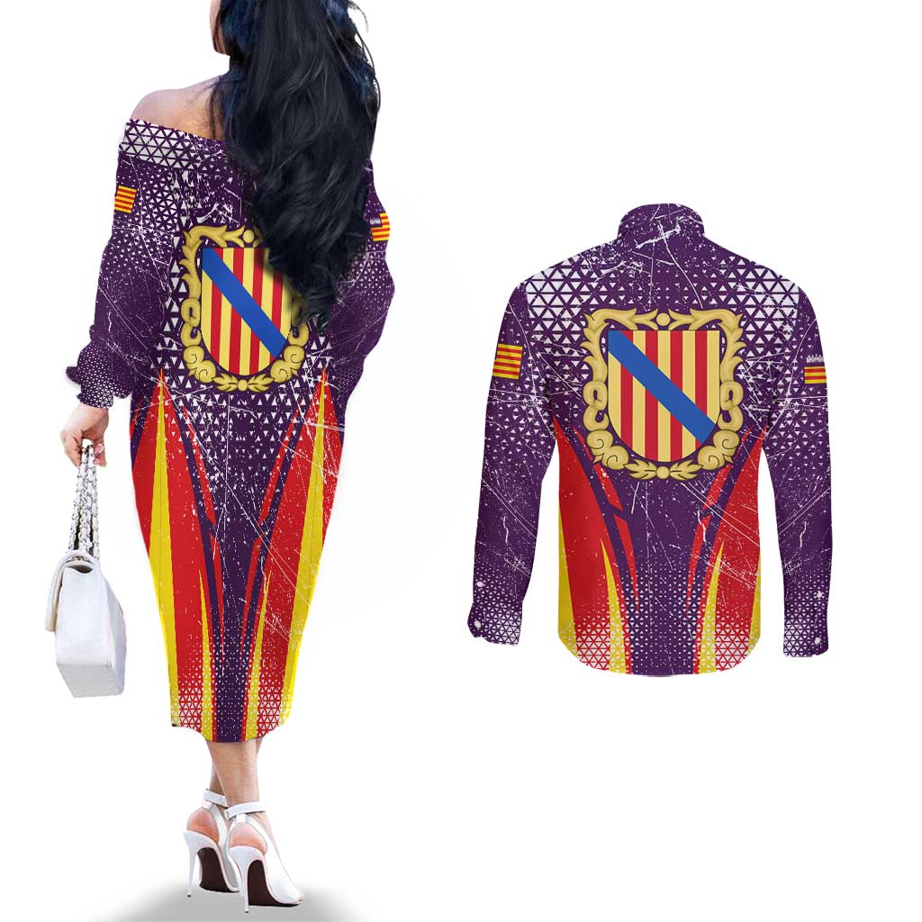 Balearic Islands Flag Couples Matching Off The Shoulder Long Sleeve Dress and Long Sleeve Button Shirt Autonomous Community of Spain - Wonder Print Shop