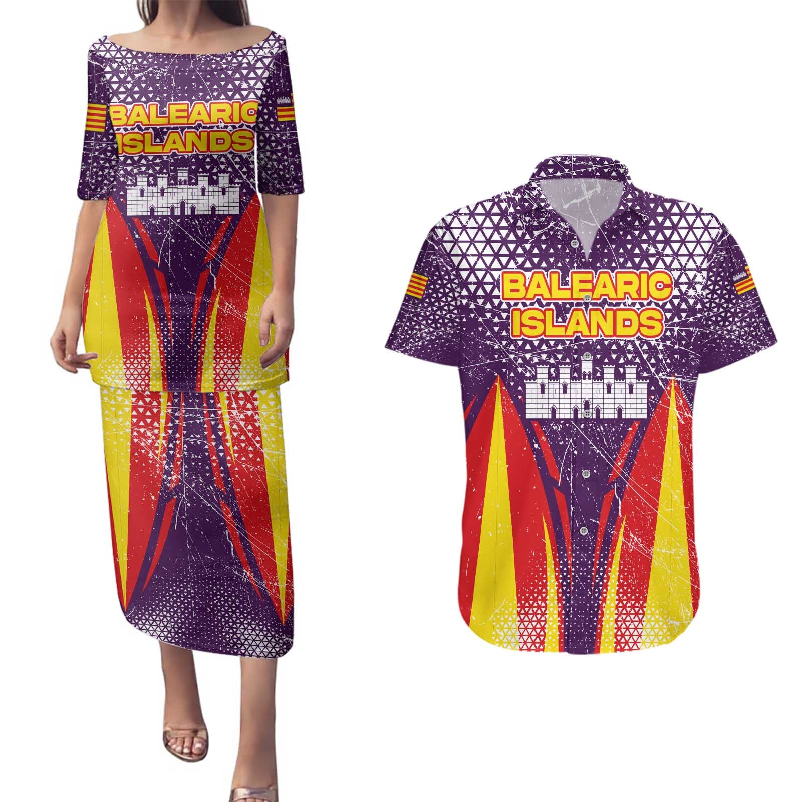 Balearic Islands Flag Couples Matching Puletasi and Hawaiian Shirt Autonomous Community of Spain - Wonder Print Shop