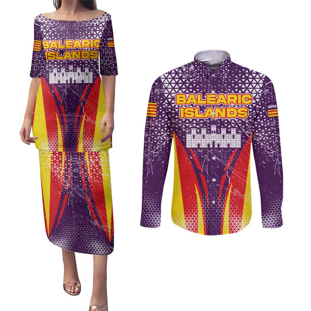 Balearic Islands Flag Couples Matching Puletasi and Long Sleeve Button Shirt Autonomous Community of Spain - Wonder Print Shop