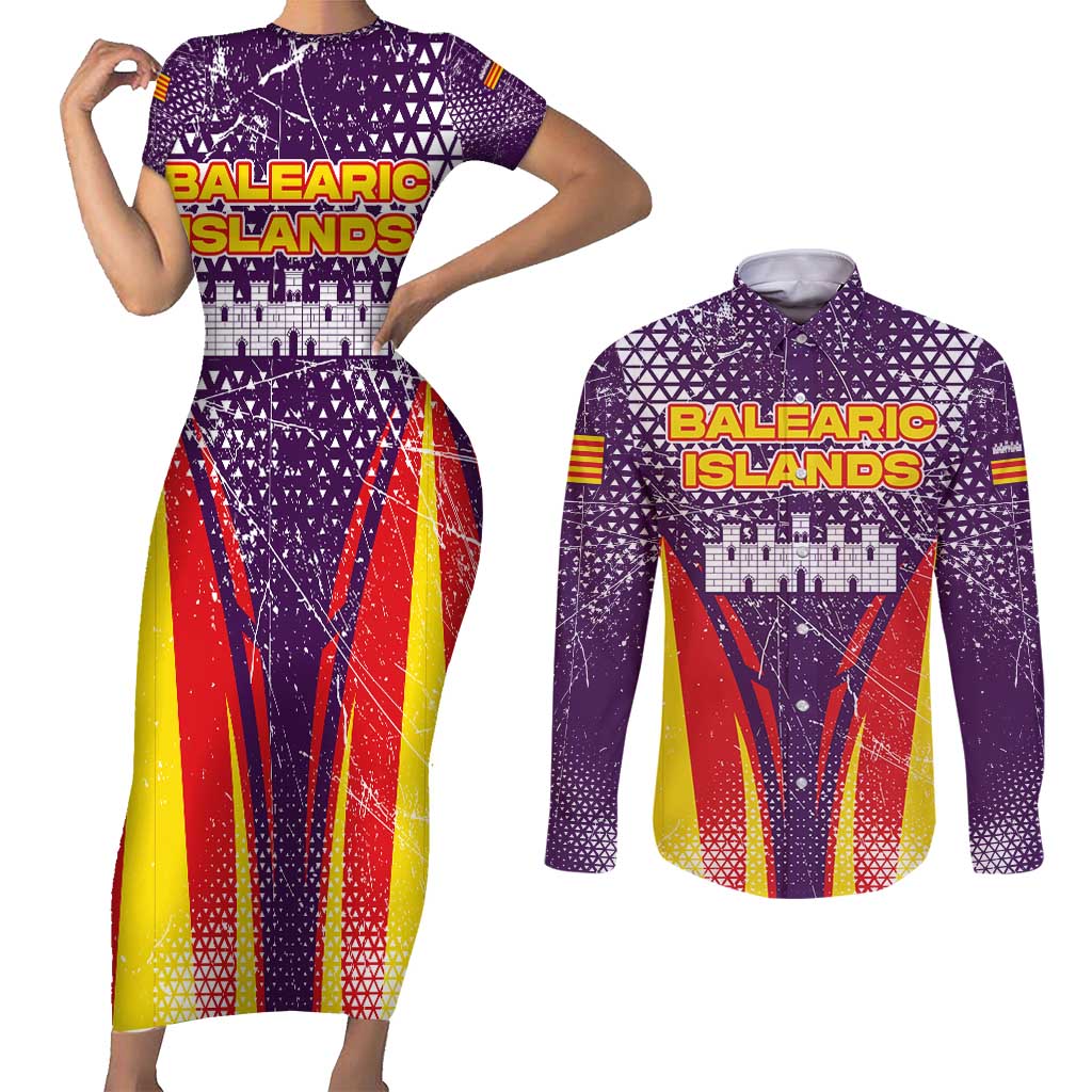 Balearic Islands Flag Couples Matching Short Sleeve Bodycon Dress and Long Sleeve Button Shirt Autonomous Community of Spain - Wonder Print Shop