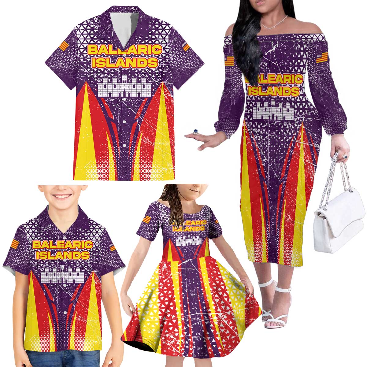 Balearic Islands Flag Family Matching Off The Shoulder Long Sleeve Dress and Hawaiian Shirt Autonomous Community of Spain - Wonder Print Shop