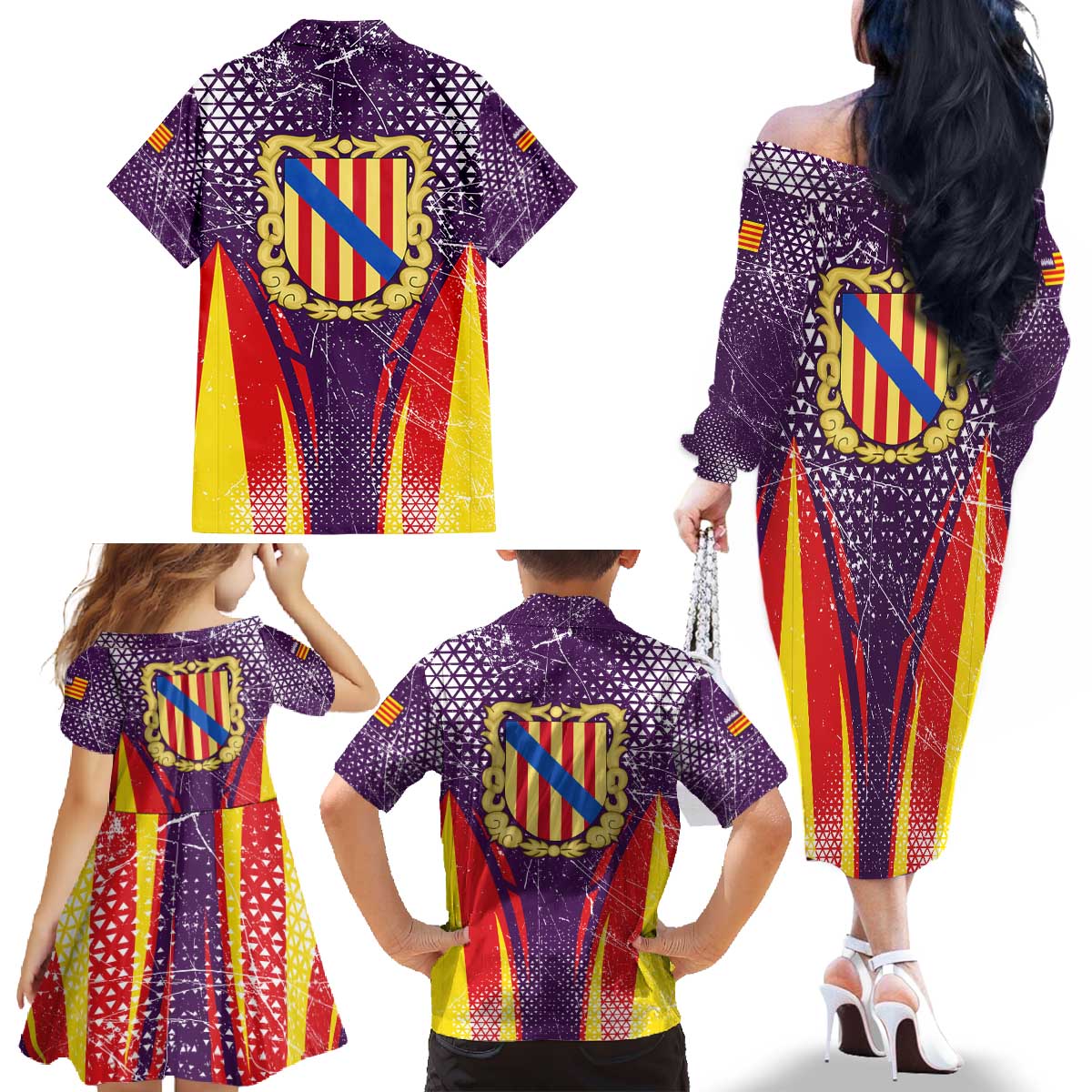 Balearic Islands Flag Family Matching Off The Shoulder Long Sleeve Dress and Hawaiian Shirt Autonomous Community of Spain - Wonder Print Shop