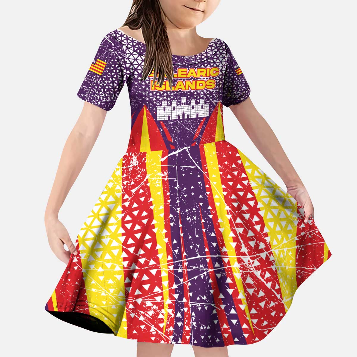 Balearic Islands Flag Kid Short Sleeve Dress Autonomous Community of Spain - Wonder Print Shop