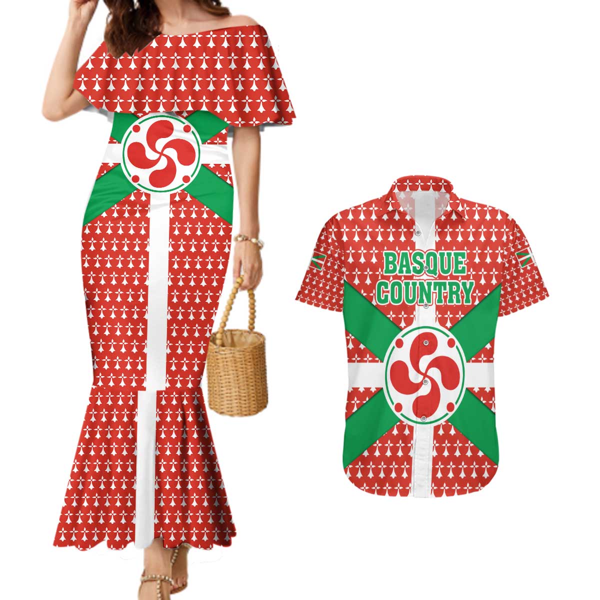Basque Country Flag Couples Matching Mermaid Dress and Hawaiian Shirt Autonomous Community of Spain - Wonder Print Shop