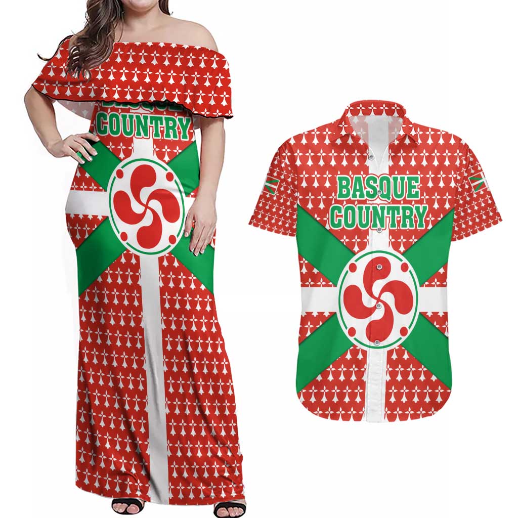Basque Country Flag Couples Matching Off Shoulder Maxi Dress and Hawaiian Shirt Autonomous Community of Spain - Wonder Print Shop