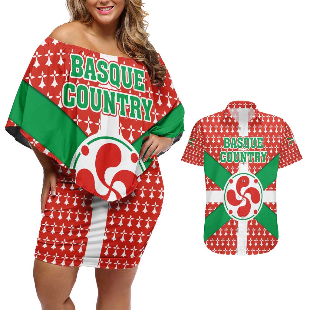 Basque Country Flag Couples Matching Off Shoulder Short Dress and Hawaiian Shirt Autonomous Community of Spain - Wonder Print Shop