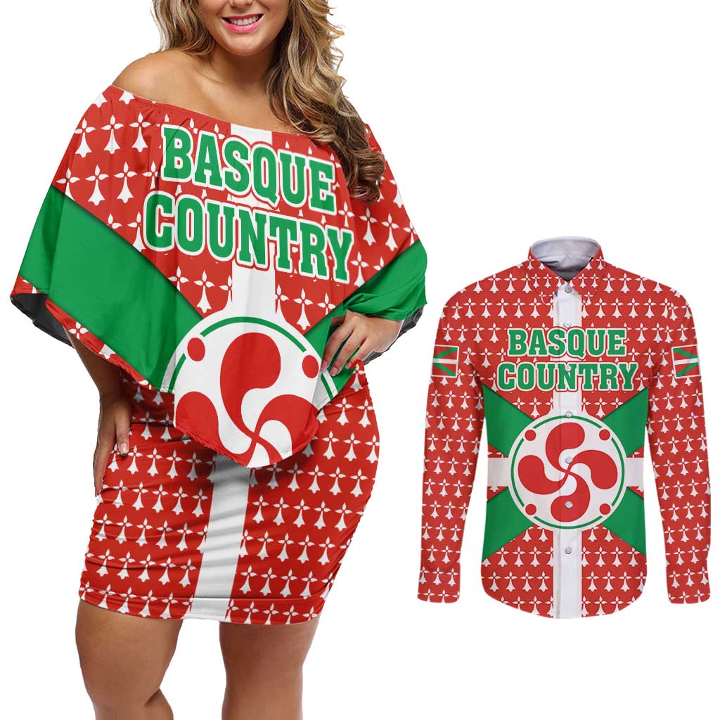 Basque Country Flag Couples Matching Off Shoulder Short Dress and Long Sleeve Button Shirt Autonomous Community of Spain - Wonder Print Shop