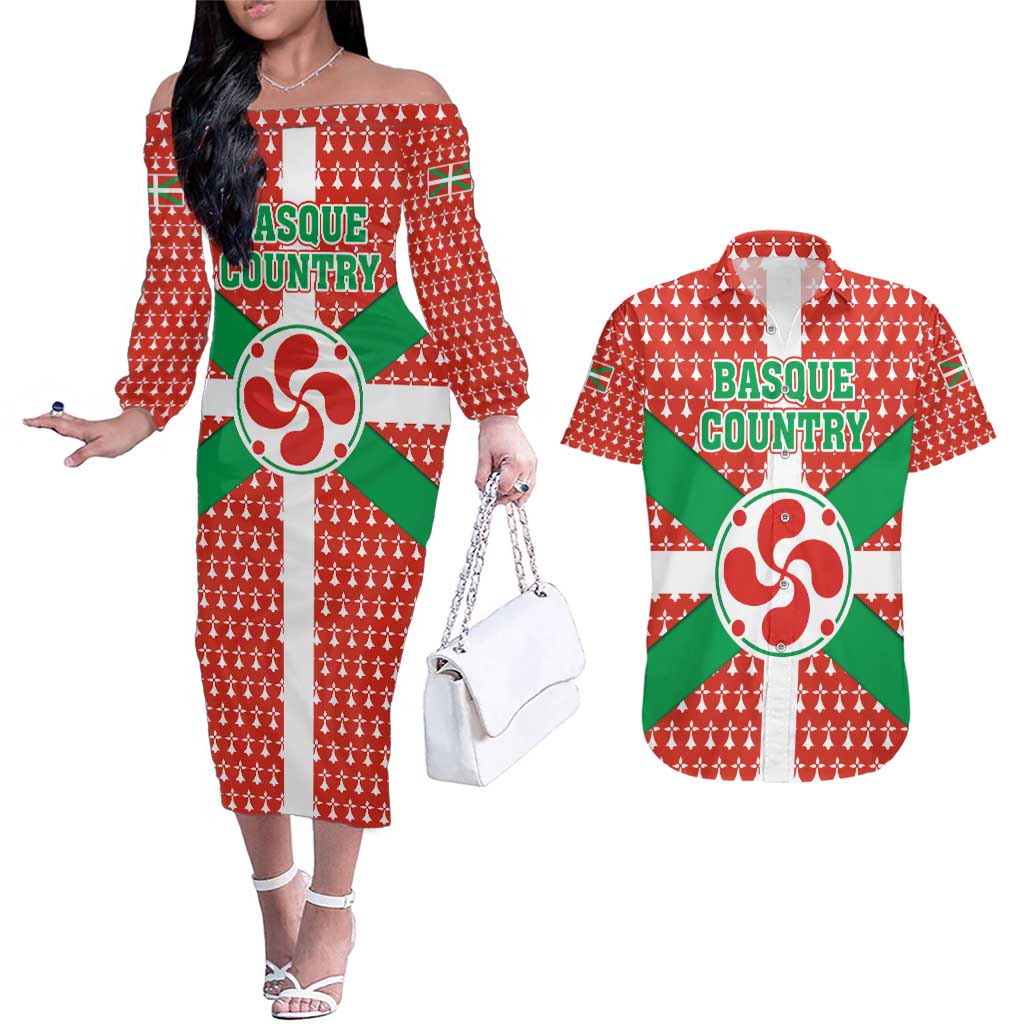 Basque Country Flag Couples Matching Off The Shoulder Long Sleeve Dress and Hawaiian Shirt Autonomous Community of Spain - Wonder Print Shop