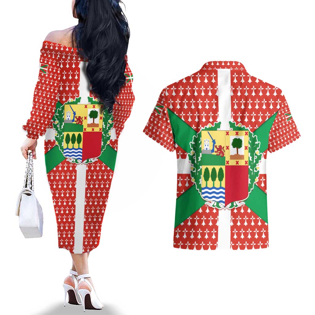 Basque Country Flag Couples Matching Off The Shoulder Long Sleeve Dress and Hawaiian Shirt Autonomous Community of Spain - Wonder Print Shop