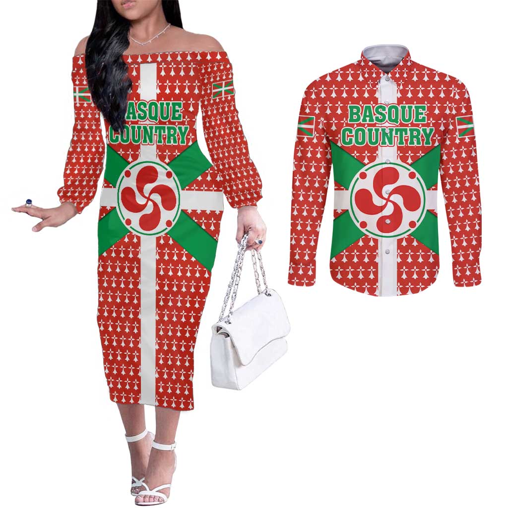 Basque Country Flag Couples Matching Off The Shoulder Long Sleeve Dress and Long Sleeve Button Shirt Autonomous Community of Spain - Wonder Print Shop