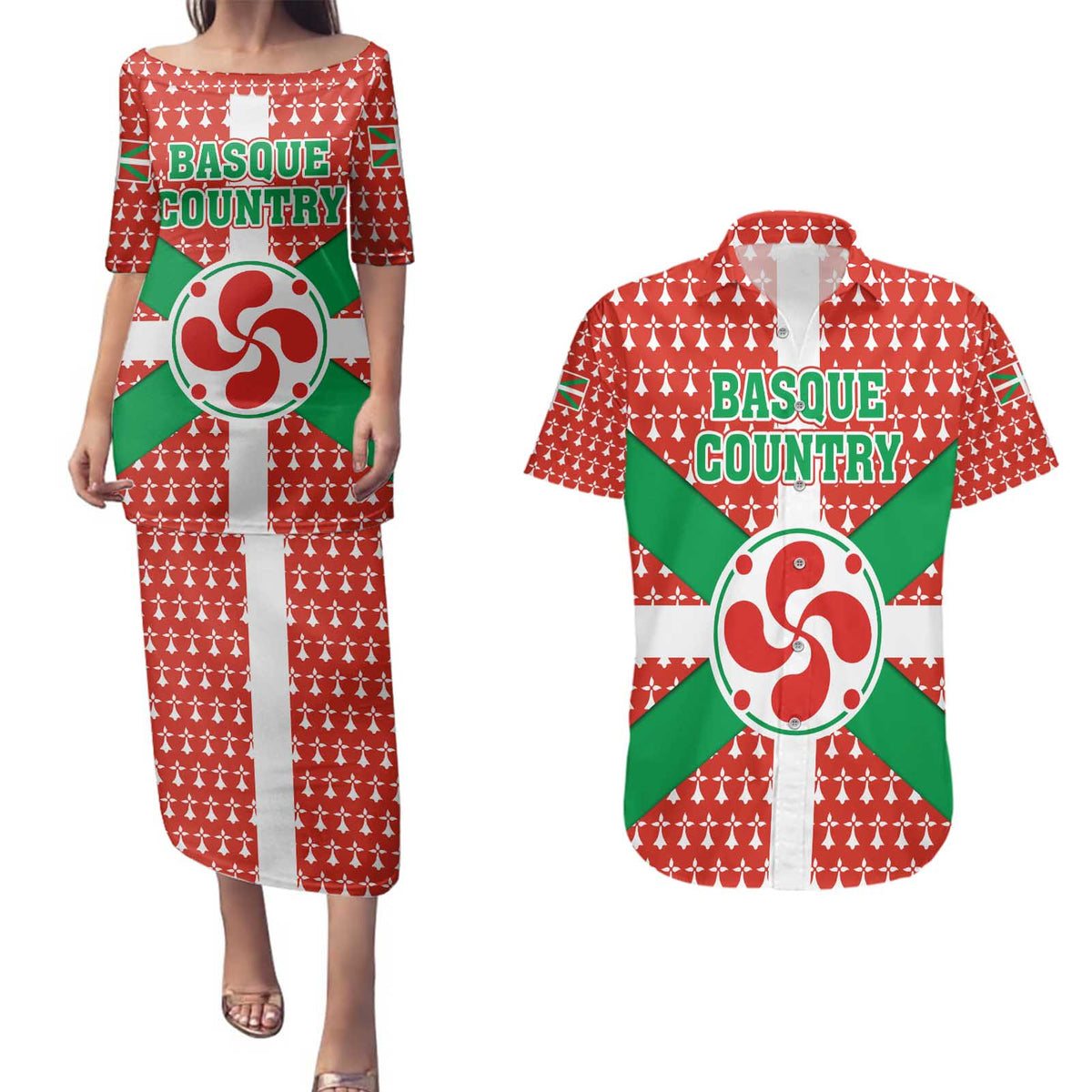 Basque Country Flag Couples Matching Puletasi and Hawaiian Shirt Autonomous Community of Spain - Wonder Print Shop