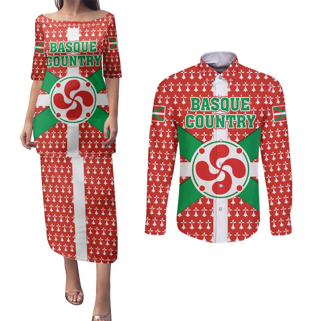 Basque Country Flag Couples Matching Puletasi and Long Sleeve Button Shirt Autonomous Community of Spain - Wonder Print Shop