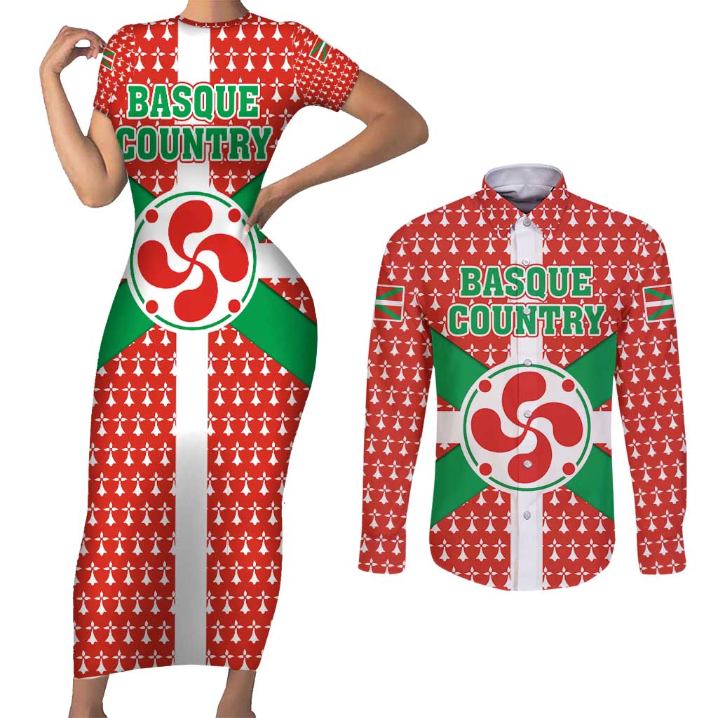 Basque Country Flag Couples Matching Short Sleeve Bodycon Dress and Long Sleeve Button Shirt Autonomous Community of Spain - Wonder Print Shop