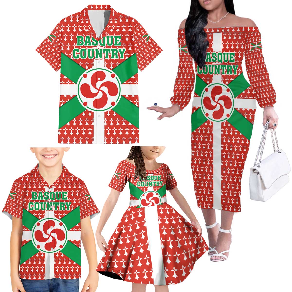 Basque Country Flag Family Matching Off The Shoulder Long Sleeve Dress and Hawaiian Shirt Autonomous Community of Spain - Wonder Print Shop
