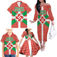 Basque Country Flag Family Matching Off The Shoulder Long Sleeve Dress and Hawaiian Shirt Autonomous Community of Spain - Wonder Print Shop