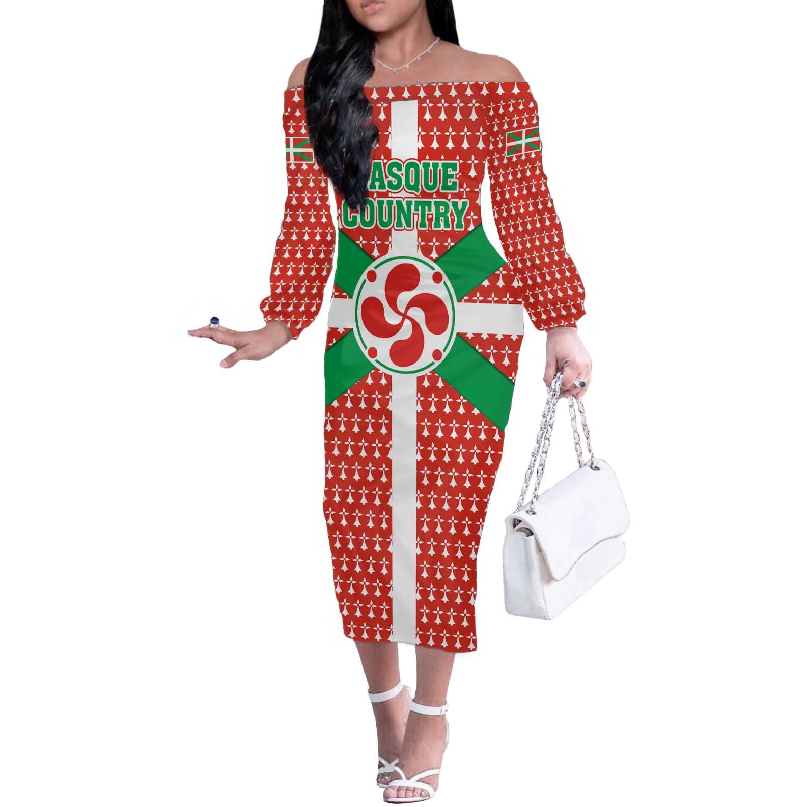 Basque Country Flag Off The Shoulder Long Sleeve Dress Autonomous Community of Spain - Wonder Print Shop