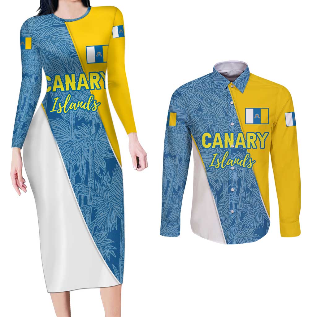 Canary Islands Flag Couples Matching Long Sleeve Bodycon Dress and Long Sleeve Button Shirt Autonomous Community of Spain - Wonder Print Shop