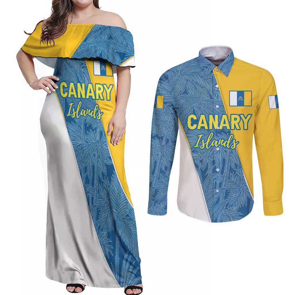 Canary Islands Flag Couples Matching Off Shoulder Maxi Dress and Long Sleeve Button Shirt Autonomous Community of Spain - Wonder Print Shop