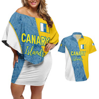 Canary Islands Flag Couples Matching Off Shoulder Short Dress and Hawaiian Shirt Autonomous Community of Spain - Wonder Print Shop