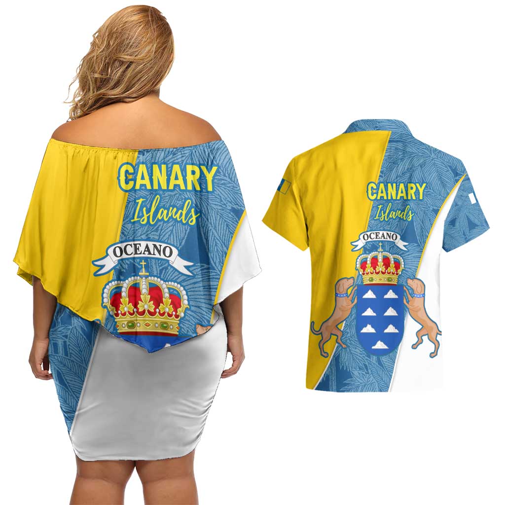 Canary Islands Flag Couples Matching Off Shoulder Short Dress and Hawaiian Shirt Autonomous Community of Spain - Wonder Print Shop