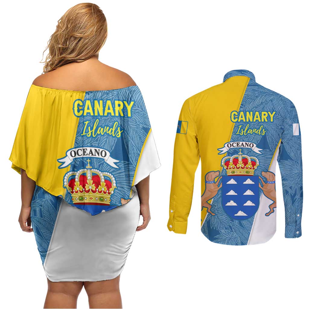 Canary Islands Flag Couples Matching Off Shoulder Short Dress and Long Sleeve Button Shirt Autonomous Community of Spain - Wonder Print Shop