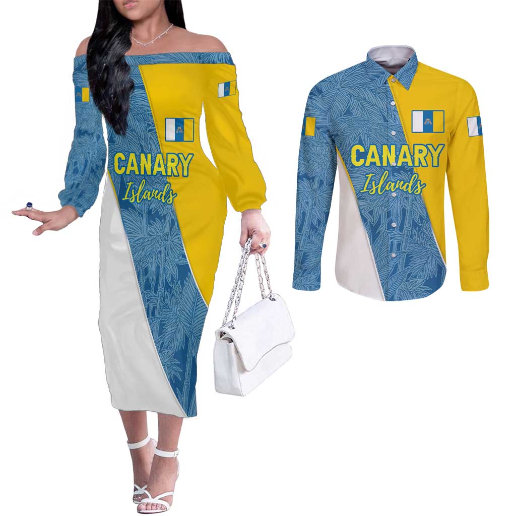 Canary Islands Flag Couples Matching Off The Shoulder Long Sleeve Dress and Long Sleeve Button Shirt Autonomous Community of Spain - Wonder Print Shop