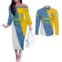 Canary Islands Flag Couples Matching Off The Shoulder Long Sleeve Dress and Long Sleeve Button Shirt Autonomous Community of Spain - Wonder Print Shop