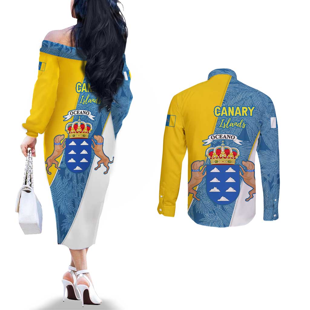 Canary Islands Flag Couples Matching Off The Shoulder Long Sleeve Dress and Long Sleeve Button Shirt Autonomous Community of Spain - Wonder Print Shop