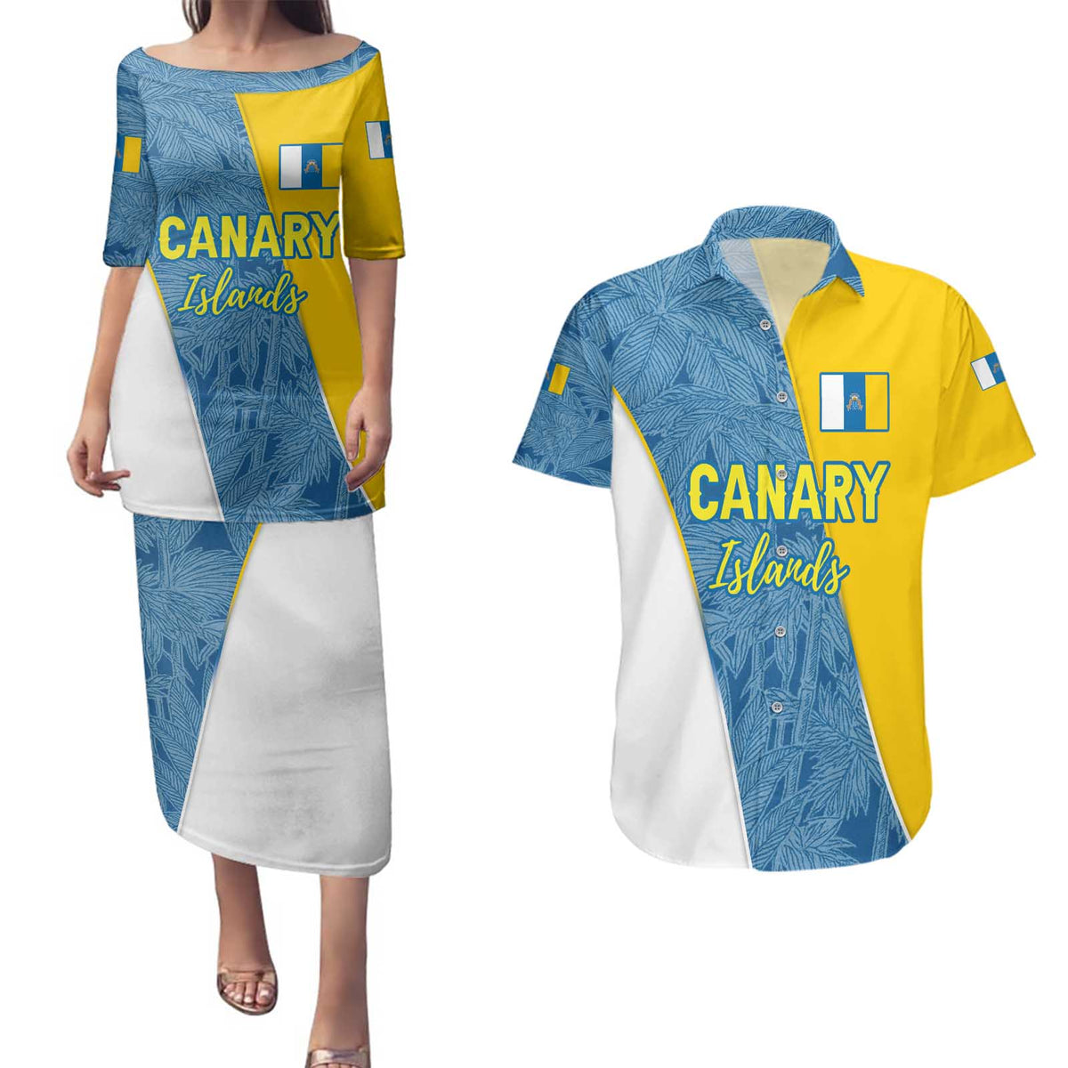 Canary Islands Flag Couples Matching Puletasi and Hawaiian Shirt Autonomous Community of Spain - Wonder Print Shop