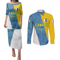 Canary Islands Flag Couples Matching Puletasi and Long Sleeve Button Shirt Autonomous Community of Spain - Wonder Print Shop