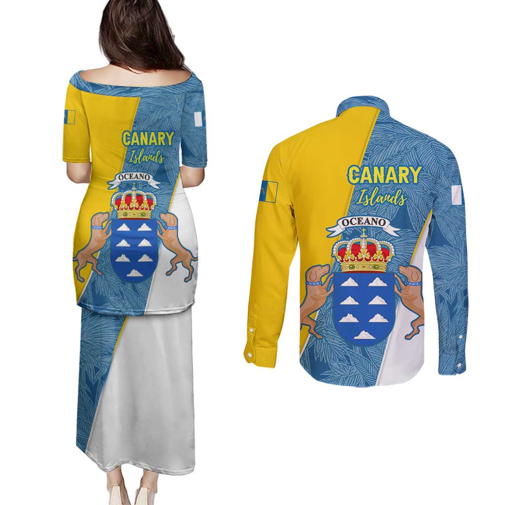Canary Islands Flag Couples Matching Puletasi and Long Sleeve Button Shirt Autonomous Community of Spain - Wonder Print Shop