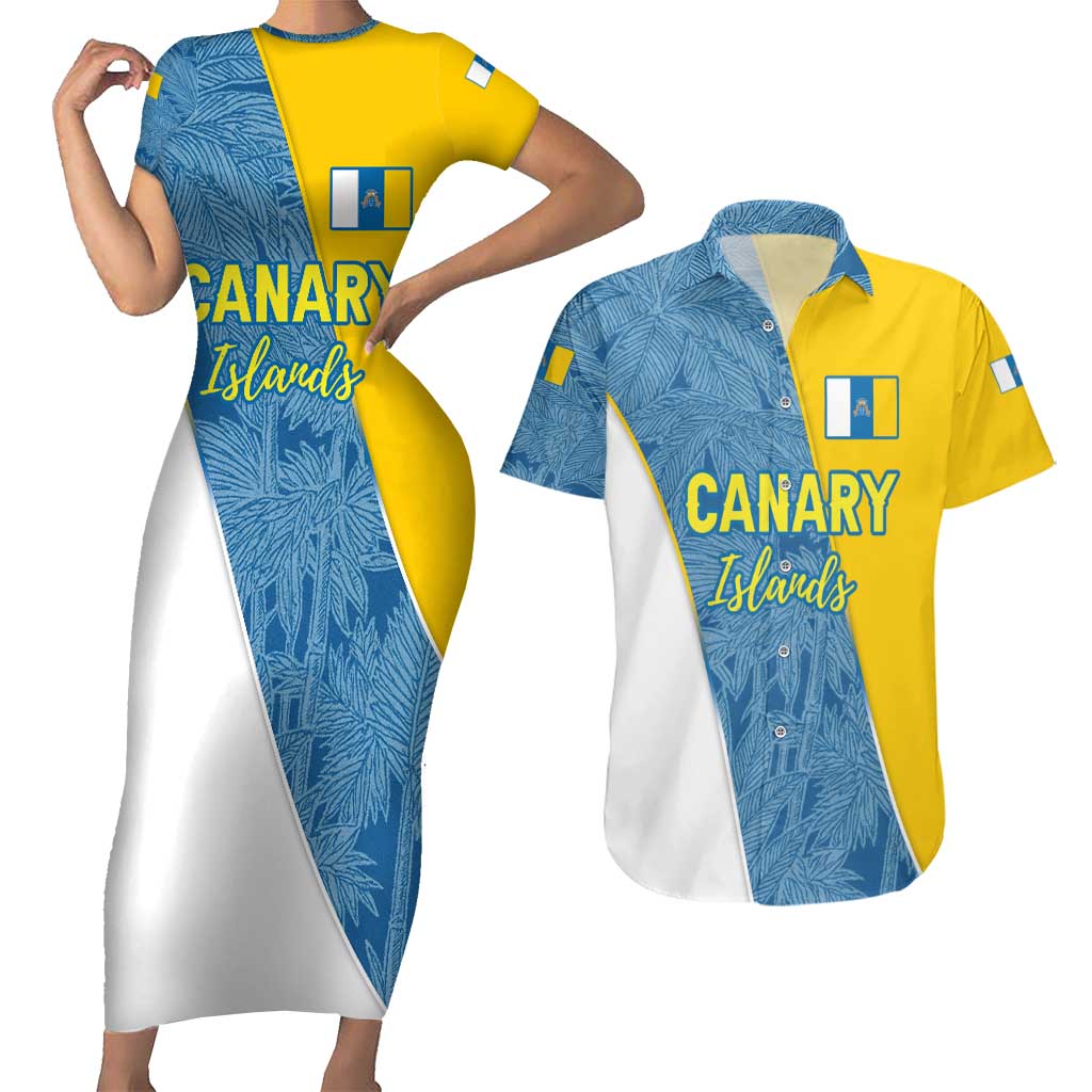 Canary Islands Flag Couples Matching Short Sleeve Bodycon Dress and Hawaiian Shirt Autonomous Community of Spain - Wonder Print Shop