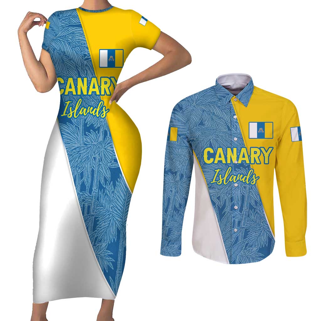 Canary Islands Flag Couples Matching Short Sleeve Bodycon Dress and Long Sleeve Button Shirt Autonomous Community of Spain - Wonder Print Shop